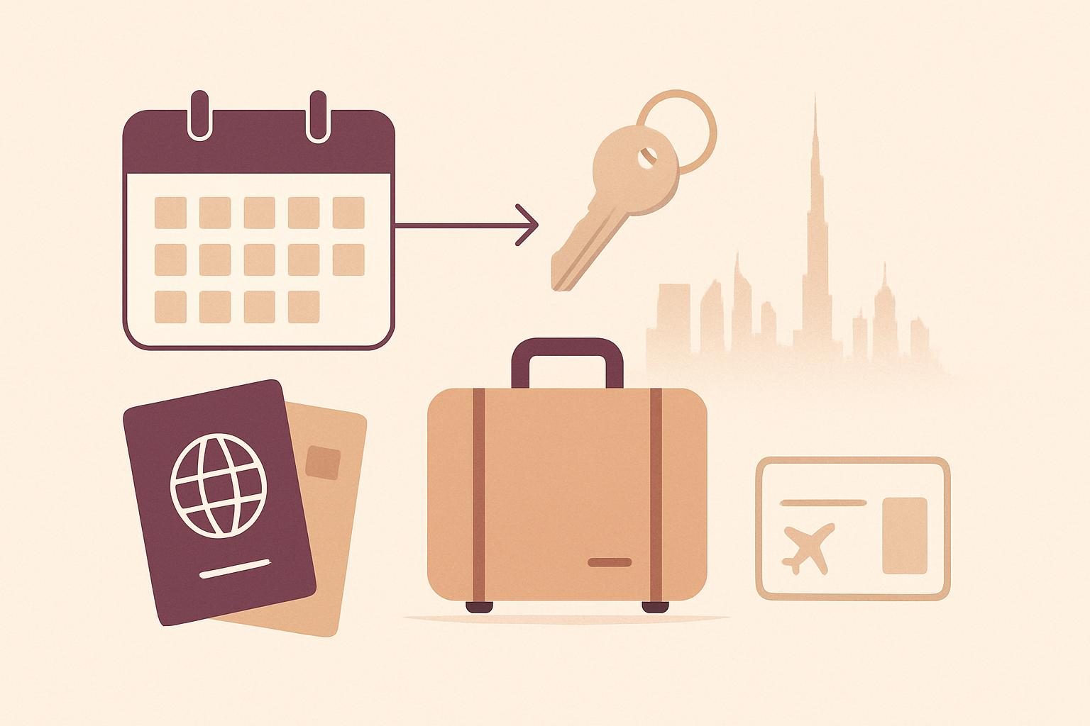 Abstract Dubai relocation timeline with documents, keys, suitcase and skyline