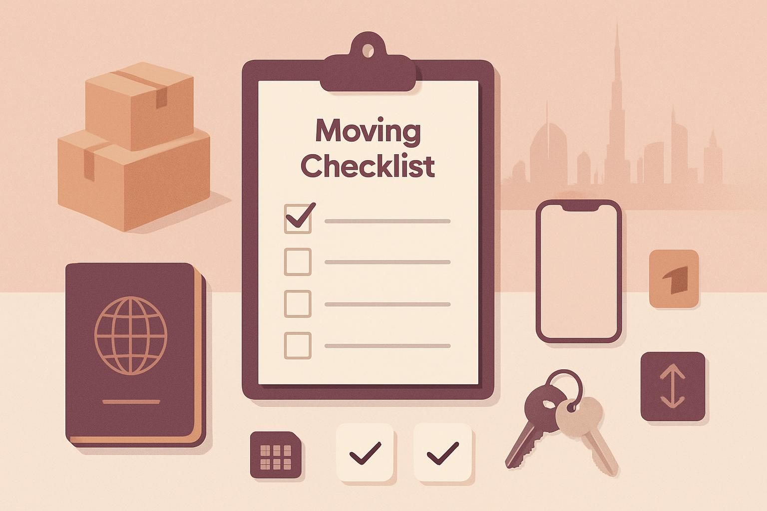 Flat-lay of delivery checklist items with Dubai skyline hint