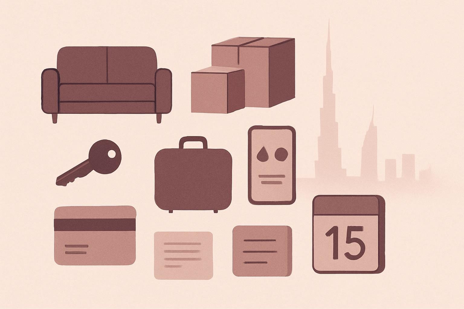 furnished-vs-unfurnished-first-rental-dubai Abstract Dubai rental planning flat lay with keys, suitcase and documents