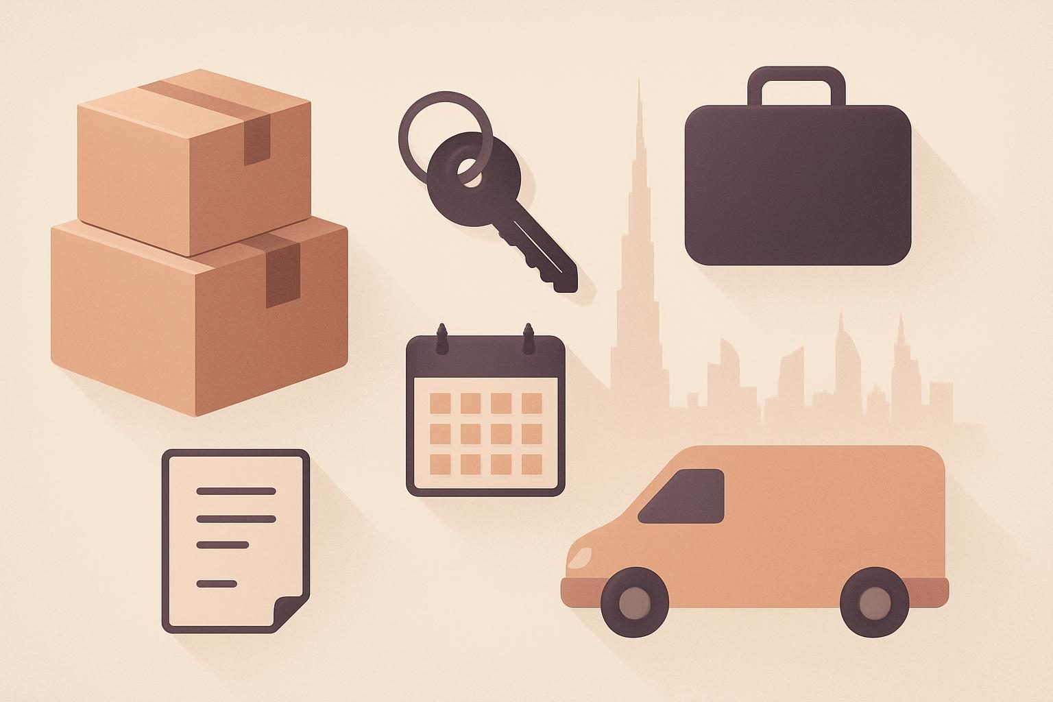 shipping-furniture-to-dubai-timing Abstract Dubai moving timeline with boxes, keys, calendar and skyline