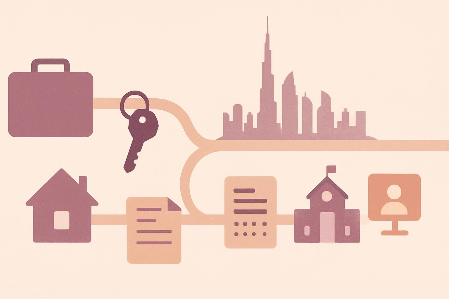 should-family-move-to-dubai-together-or-later Abstract family relocation timeline with Dubai skyline, school and home symbols